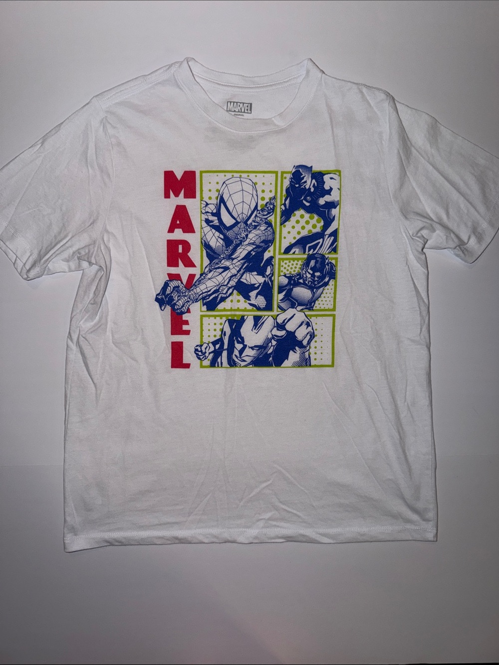 Marvel White Short Sleeve Graphic Tee with Red and Blue Print - Boys’ Size 18